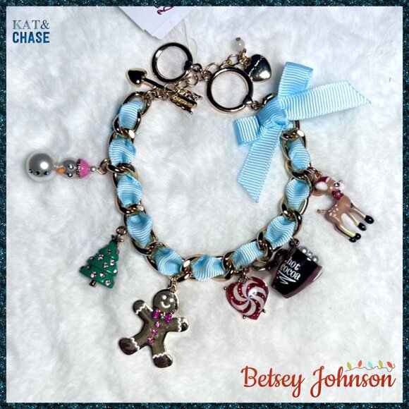 Betsey Johnson Blue Holiday Charm Bracelet Snowman Rudolph Snow Gingerman Cocoa - Picture 2 of 11